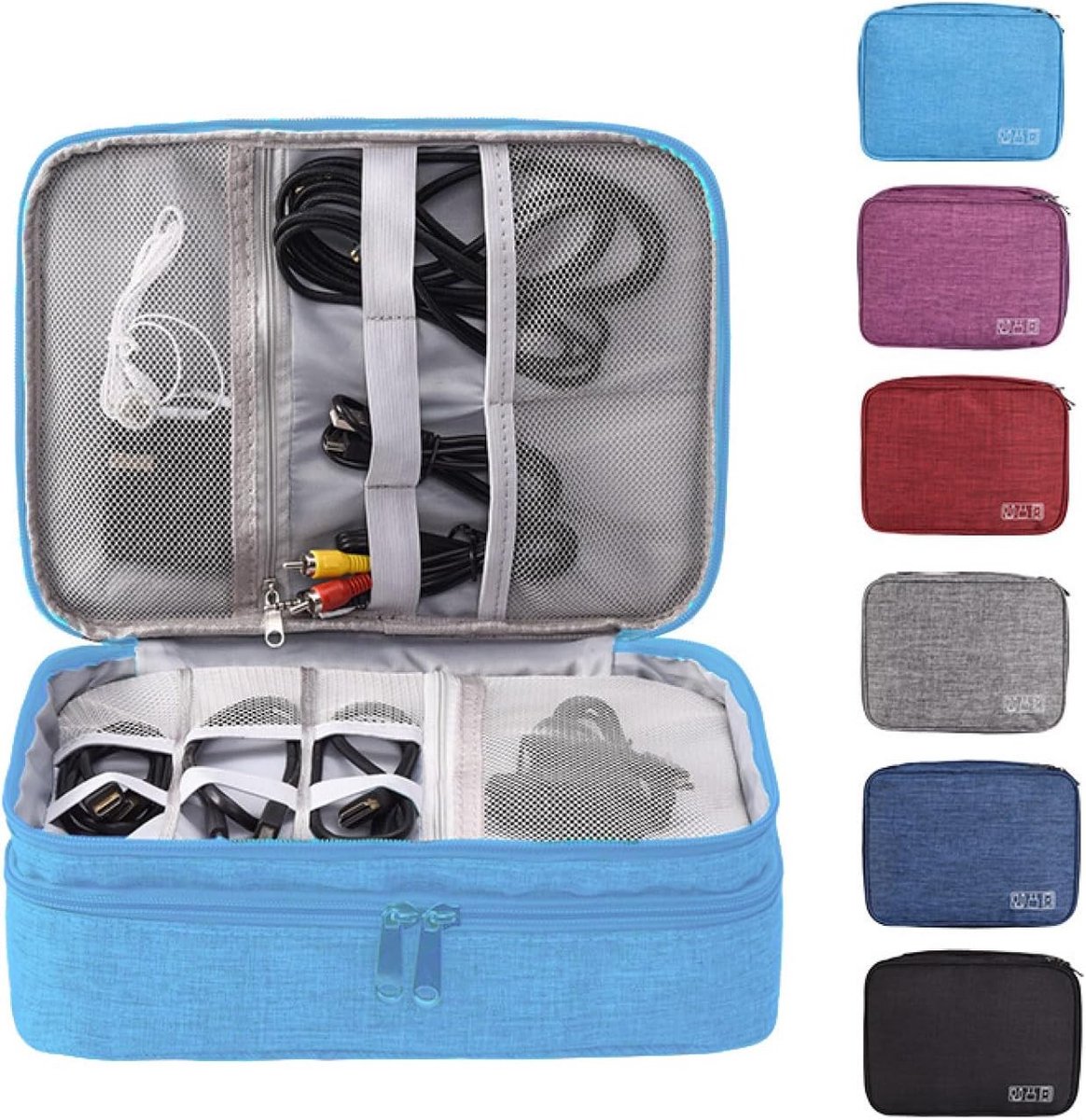 Draagbare Kabelopslag Tas, Elektronica Organizer voor Reizen, 3 Laags, Blauw met Ruimte voor Accessoires