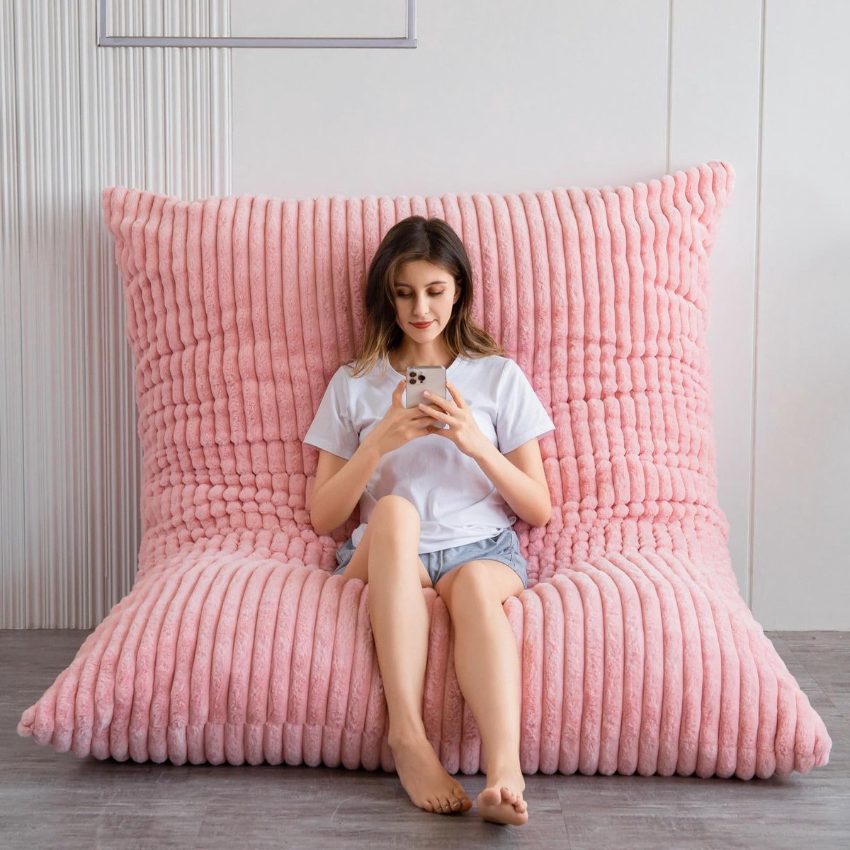 SnelShoppen - Enorme Zitzakbed 150x200 cm - Vierkante Zitzakstoel voor Volwassenen - Grote Bank met Imitatiebont en Pluizige Vulling - Roze Corduroy v