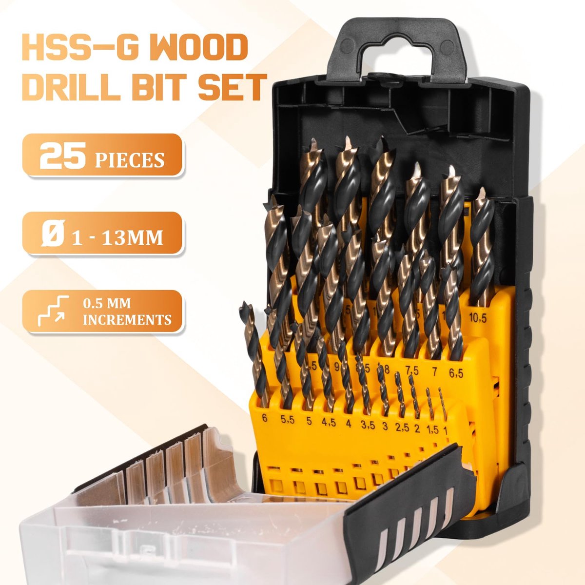 SnelShoppen - 25-Delige Houtboorset 1-13 mm HSS-G - Volledig Geslijpt Brad Point - In Stappen Van 0,5 mm - Speciaal Voor Houtbewerking