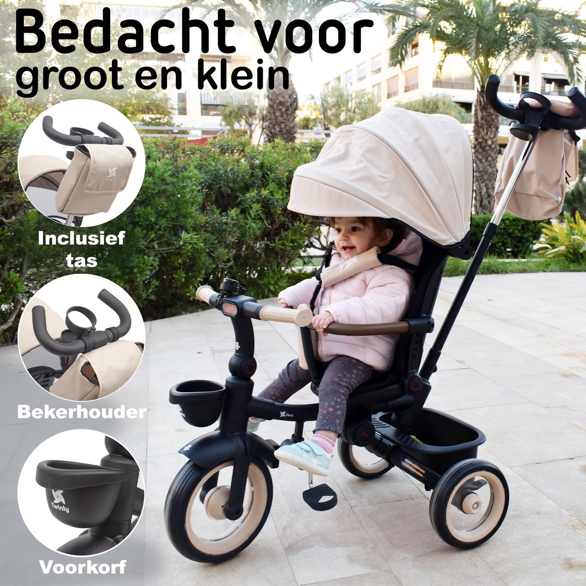 SnelShoppen - Opvouwbare driewieler voor baby's, 360 graden draaibare zitting, lichtgewicht kinderwagen met uittrekbare kap, beige, voor 1-5 jaar of 2