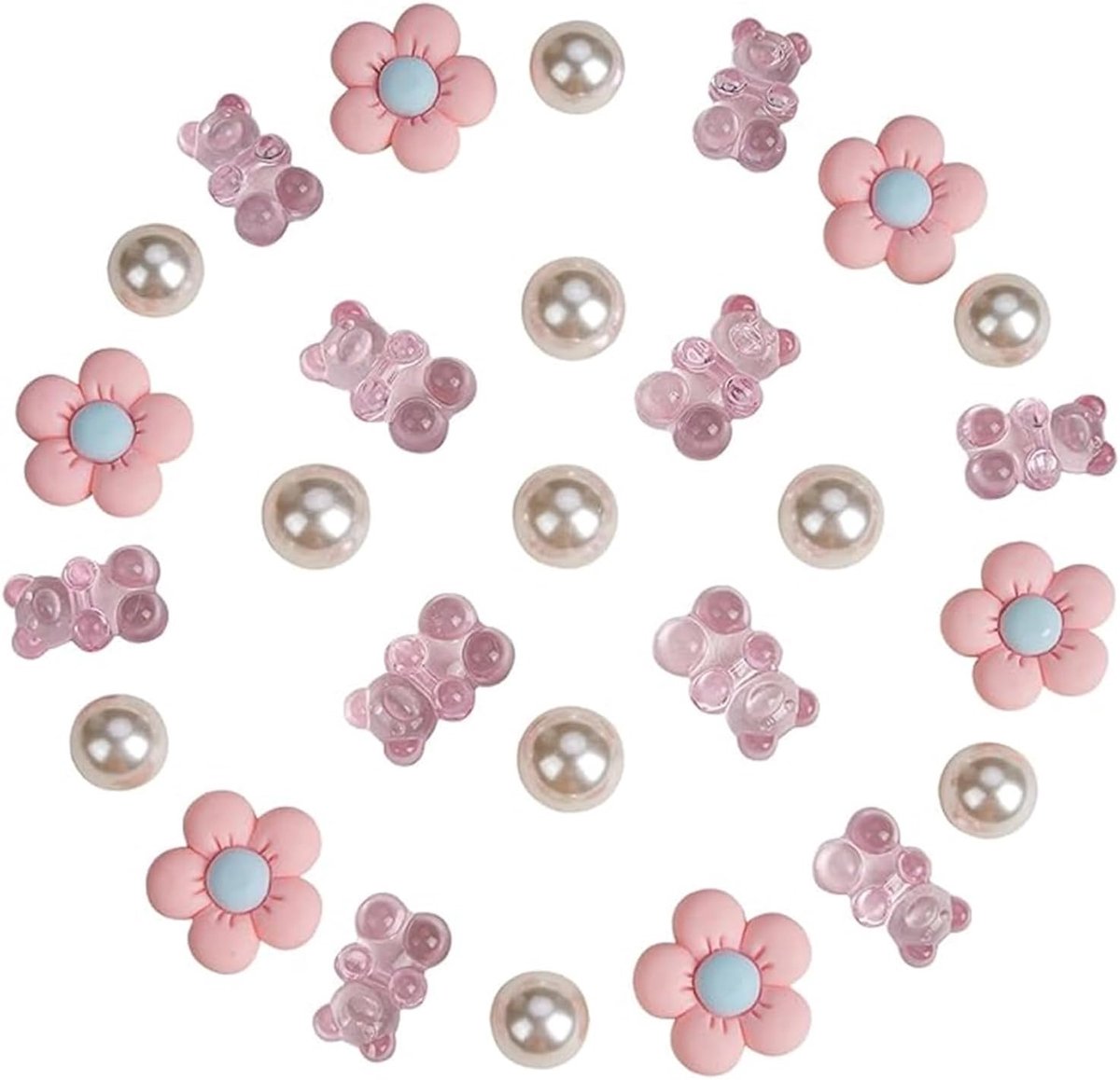 Beren- en madeliefjes-schoendecoratie, geschikt voor vrouwen, meisjes en kinderen (10 stuks roze beren + 11 stuks witte kralen + 6 stuks roze madeliefjes), Hars