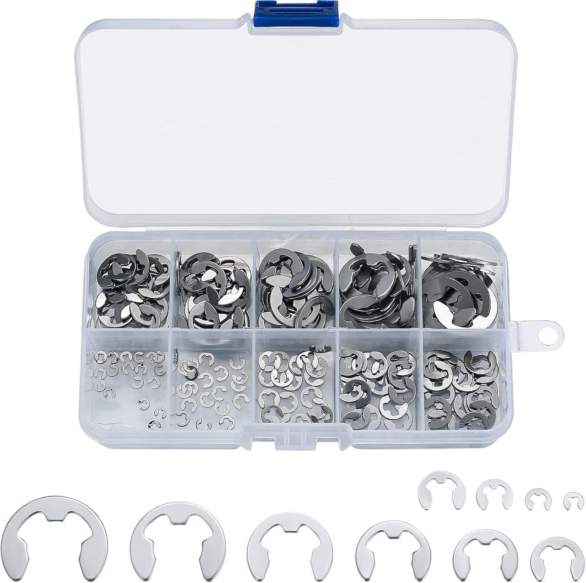 200 stuks Veiligheidsring voor E-Clip, Rvs Borgen Borgring voor Assen, Externe Borgveer Snap Intern Assortiment Kit, met Plastic Doos - M1.5/M2/M3/M4/M5/M6/M7/M8/M9/M10