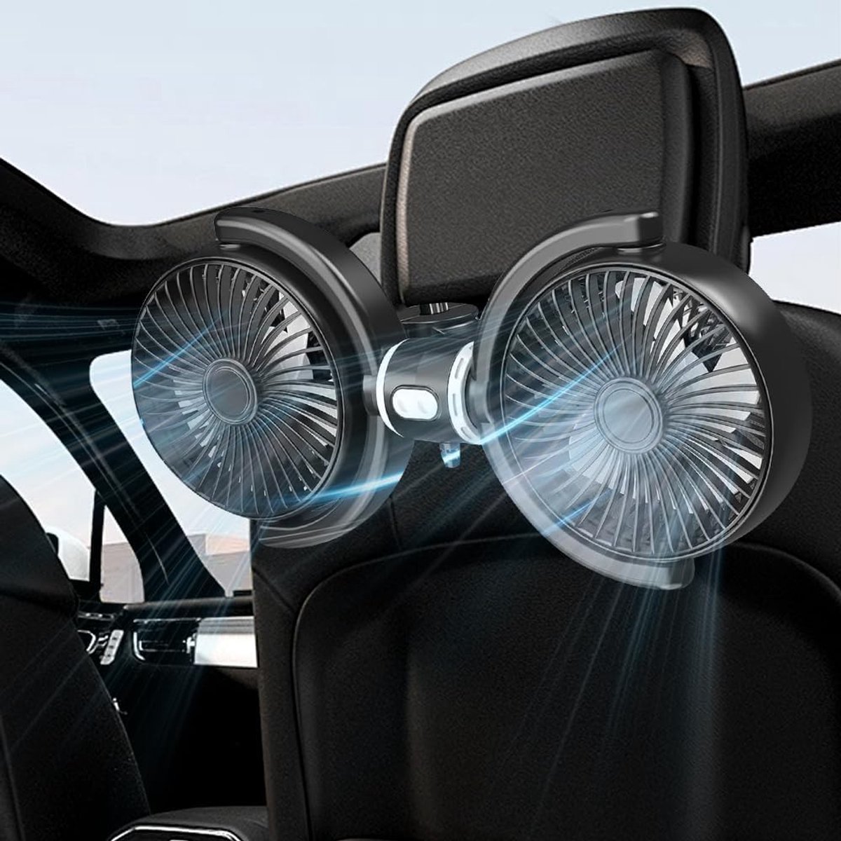 Autoventilator voor achterbank, 12 V, dubbele kop, koeling, hoofdsteun, stille ventilator met 3 snelheden, draagbare 360 graden draaibare autoventilator, USB-autoventilator voor achterbank, voor