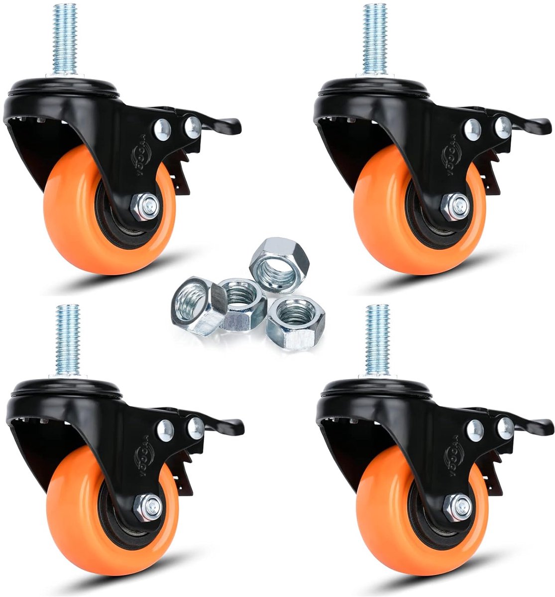 Zwenkwielen 50 mm met schroefdraadstang M10 x 25 mm, dubbele veiligheidsvergrendeling, industriële wielen, belastbaar tot 270 kg, wielen met rem, voor trolleys en
