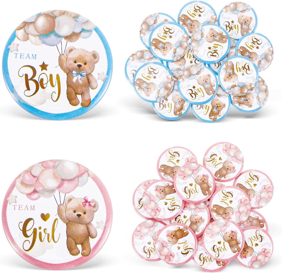 Gender Reveal Pins, 50 stuks, 3,8 cm (1,5 inch), team jongens of meisjes, voor genderreveal feesten, gastgeschenken en games, Einheitsgröße, IJzer