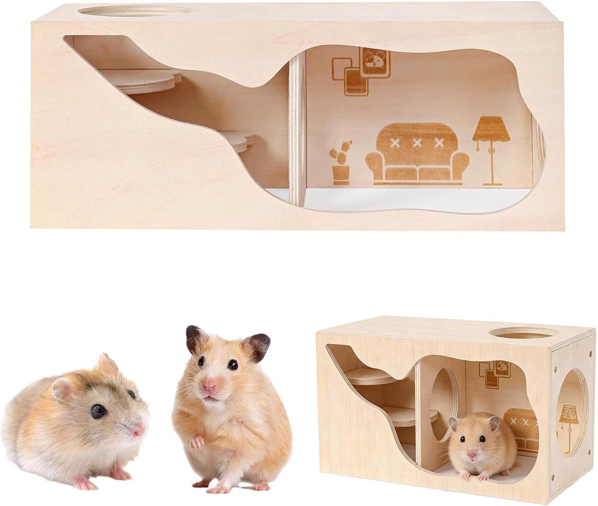 yqdnboiHamsterhuis voor hamster, verstopplaats van hout, hamsterschuilplaats, hamsterhuis, houten huis, hamster schuilplaats hout, hamster huis met meerdere kamers, geschikt voor dwerghamsters