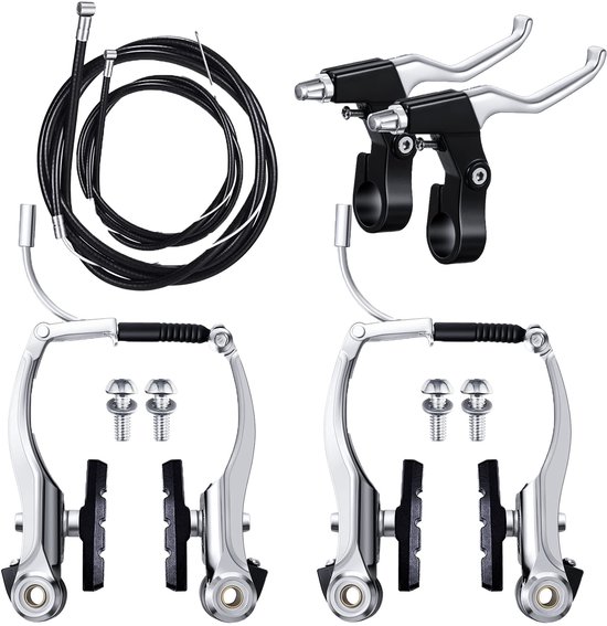 Een set zilverkleurige V-remmen voor fietsen, met remblokken en bevestigingsschroeven, naast een set zwarte remhendels en kabels.