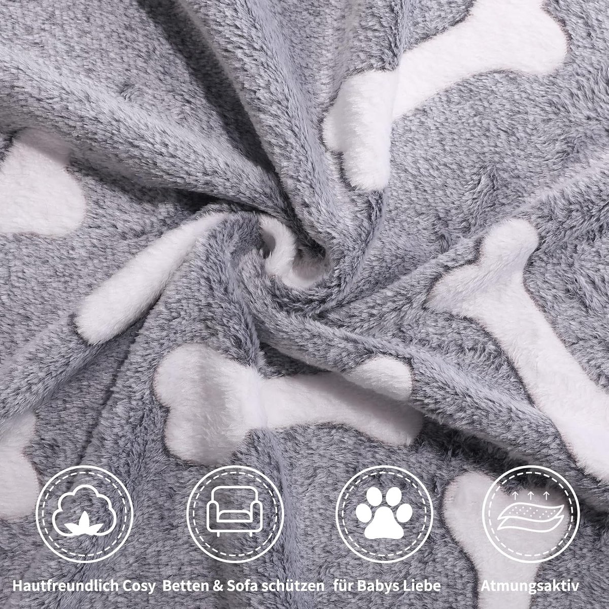 Hondendeken, kattendeken, wasbaar en wollig, 3 stuks, zachte warme fleece, huisdierdeken voor kleine middelgrote honden en katten, huisdierdeken, slaapmat voor bank, bed, grijze botten, 104 x