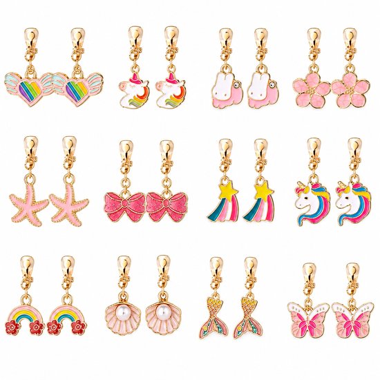 Gouden clip-on oorbellen met 12 paar fantasievormen zoals eenhoorns, zeemeerminnen, regenbogen en vlinders.
