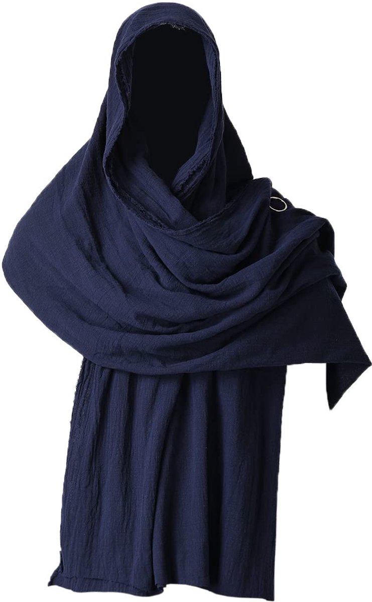 sjaal, hoed, sjerp, mantelkap met capuchon, middeleeuws tovenaarskostuum, omslagdoek, mantel met broche pin, Donkerblauw, 230cm X 130cm