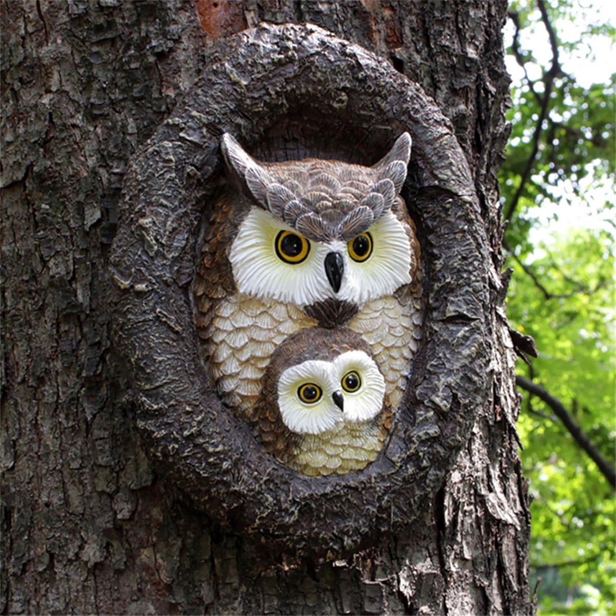 Beelden Outdoor Decor, Nep Uil Mama en Baby Decoy om vogels weg te schrikken, boom gezicht decor hars beeldje sculptuur tuin peeker tuin kunst decoratie voor patio housewarming