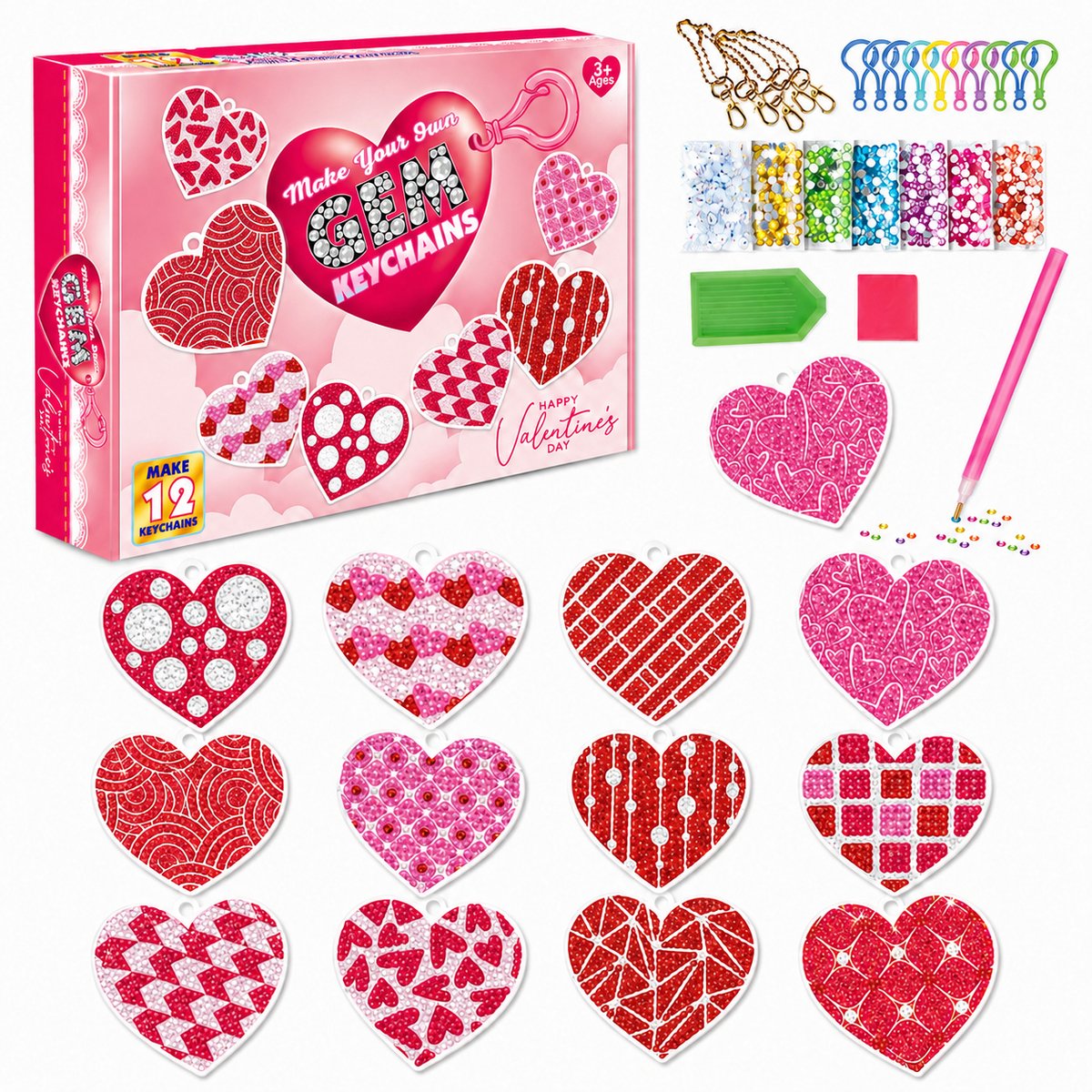 YYchan Diamond Painting Sleutelhanger - 12 Stuks DIY Knutselset - Compleet Decoratie Pakket - Creatief Cadeau - Voor Kinderen Vanaf 3 Jaar - Hartjes