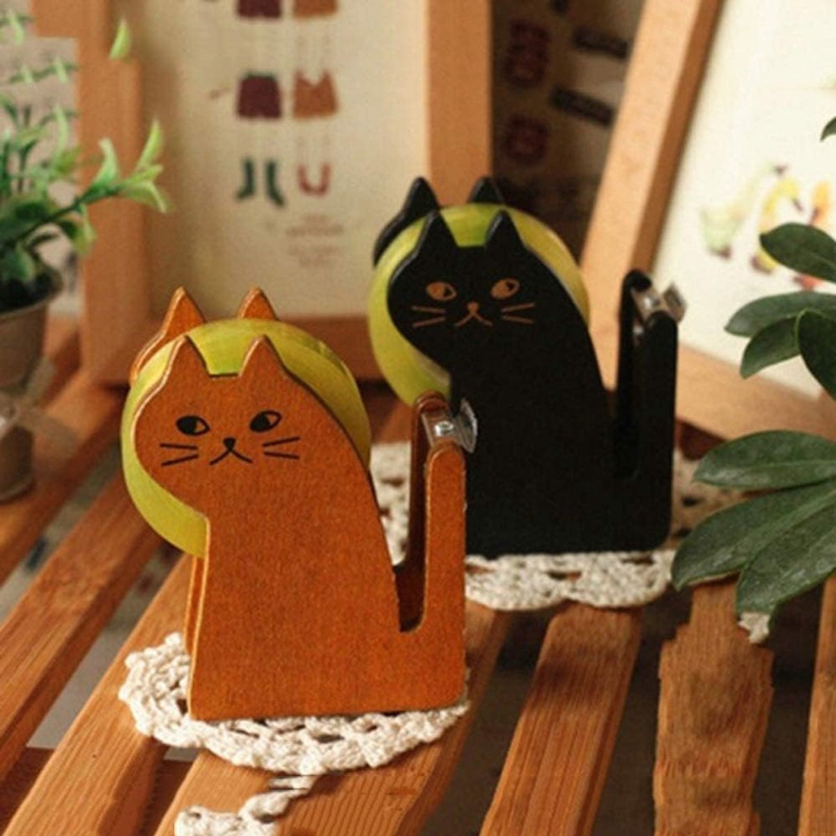schattige kattentape-dispenser, vintage houten kitty-tapesnijder met 1 roltape voor thuiskantoor, desktop-accessoire voor studenten, meisjes, jongens