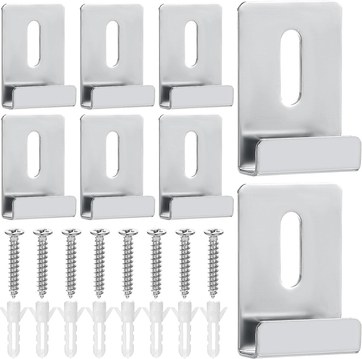 Set van 8 metalen spiegelclips, set met breedkanaal, spiegelhouders, set van roestvrij staal, grote zware spiegelclips, frameloze spiegelclips, wandmontage, ophangsysteem met kit