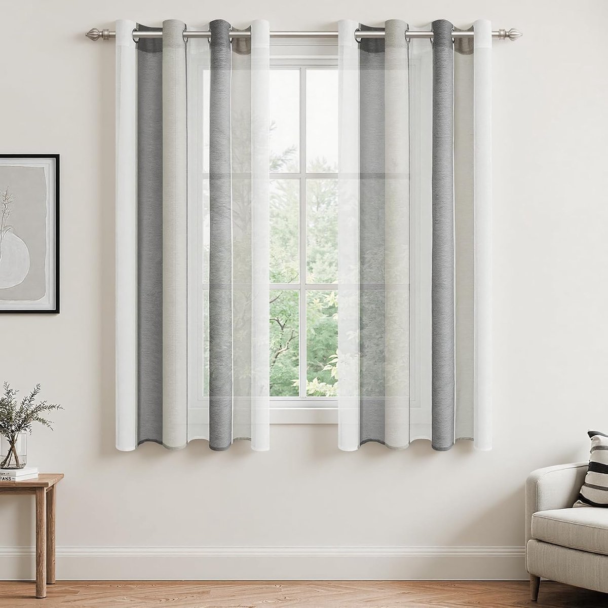Voile gordijnen, kort, halftransparant, strepen, vitrage met ingestanste ringen, moderne woonstijl, wit + grijs, 145 x 140 cm (h x b voor decoratie kinderkamer, woonkamer, slaapkamer, set