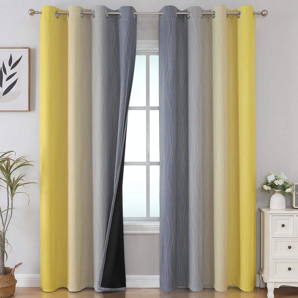 kleurverloop ombre geel en grijs verduisterende gordijnen thermogordijn koudebescherming met ringen voor slaapkamer, geluidsisolatie dichte gordijnen woonkamer, H 214 x B 132 cm, set van 2