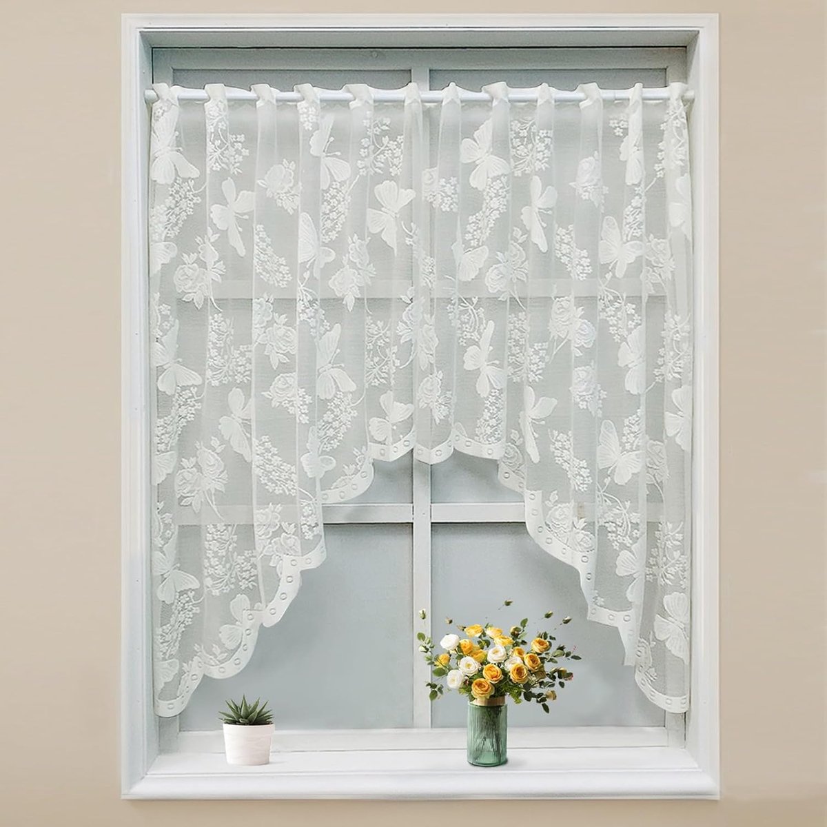 vitrage met kant (100x180cm) – vlinders kort gordijn, halftransparant borduurwerk voile, met oogjes, polyester, wit – voor deur/keuken/woonkamer