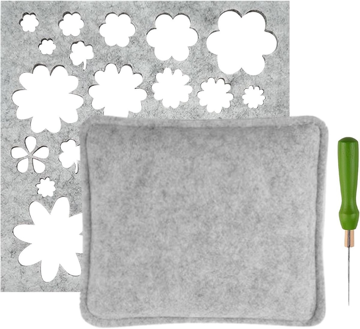 Onderlegger voor naaldvilten, naaldviltpad, gereedschapsset met viltnaald en bloemensjabloon, naaldvilten, starterset, accessoires voor verschillende viltprojecten (grijs)