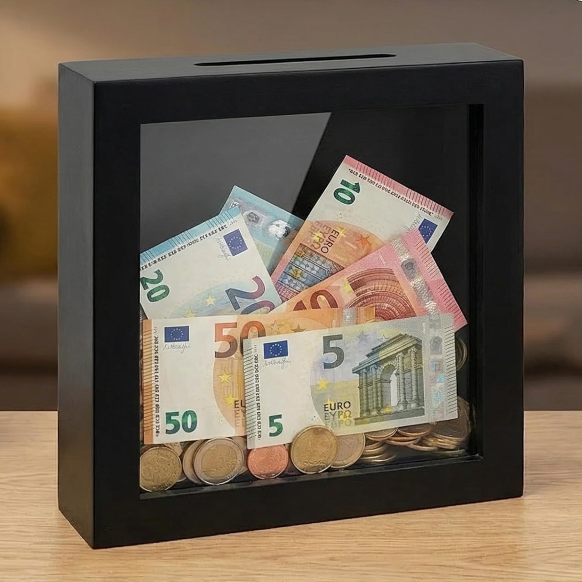 Spaarpot spaarpot 3D-fotolijst met transparante voorruit, spaarvarken, verpakking voor geldgeschenken (Blanko (zwart