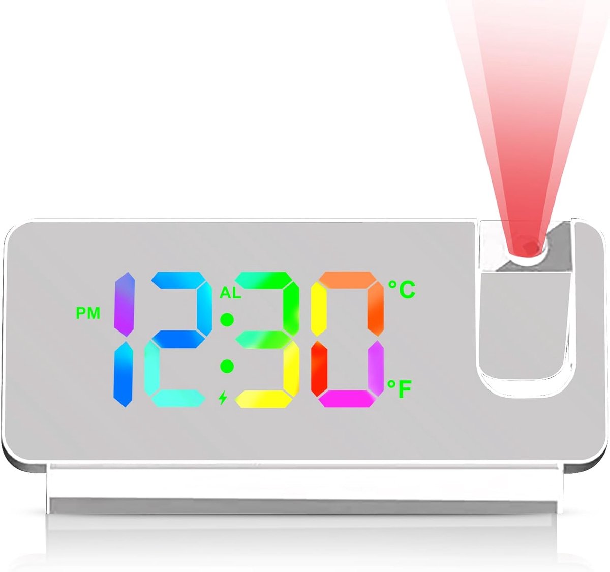 Digitale wekker met projectie, projectiewekker 180 graden, digitale wekker met temperatuur, datum, 12/24 uur, USB-oplaadbaar, projectieklok voor slaapkamer, wit