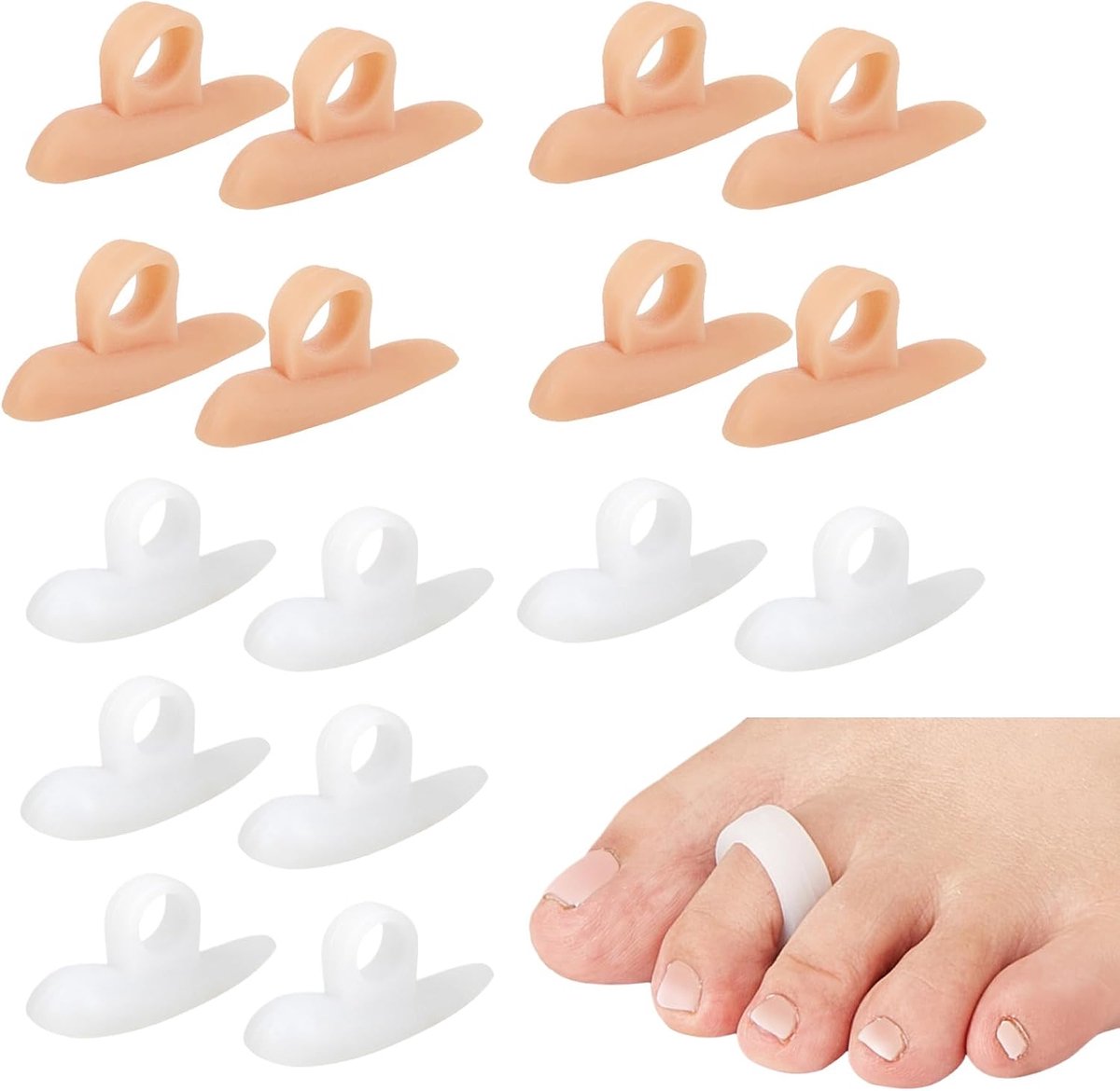 siliconen hamerteen kussen 8 paar – correctie voor klauwtenen en hallux valgus – universele maat – wit en huidskleur – ideaal voor dagelijks gebruik
