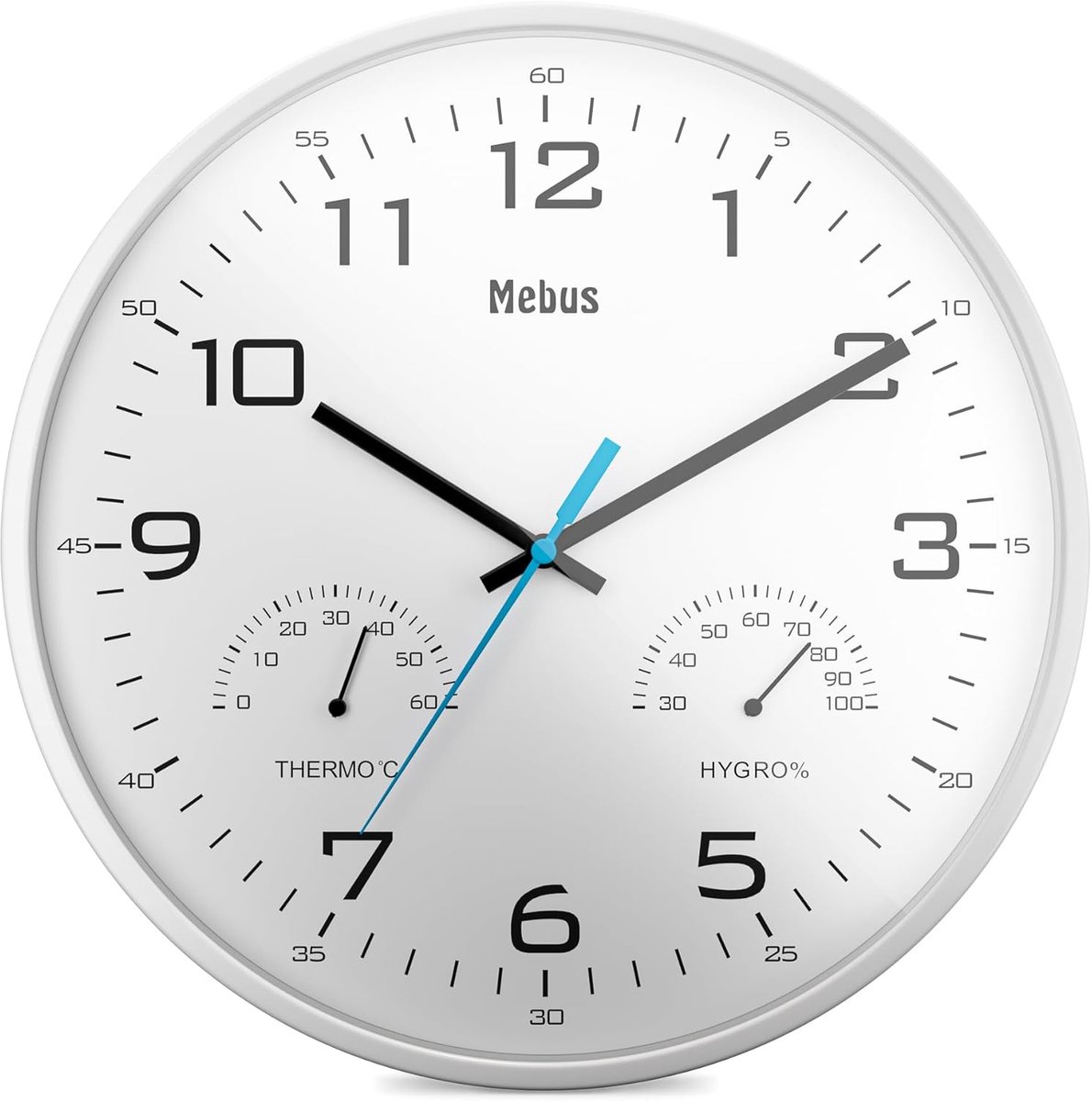 SnelShoppen - Moderne Quartz Wandklok met Temperatuurweergave en Luchtvochtigheid, 30 cm Diameter, Wit, Ideaal voor Woonkamer en Keuken