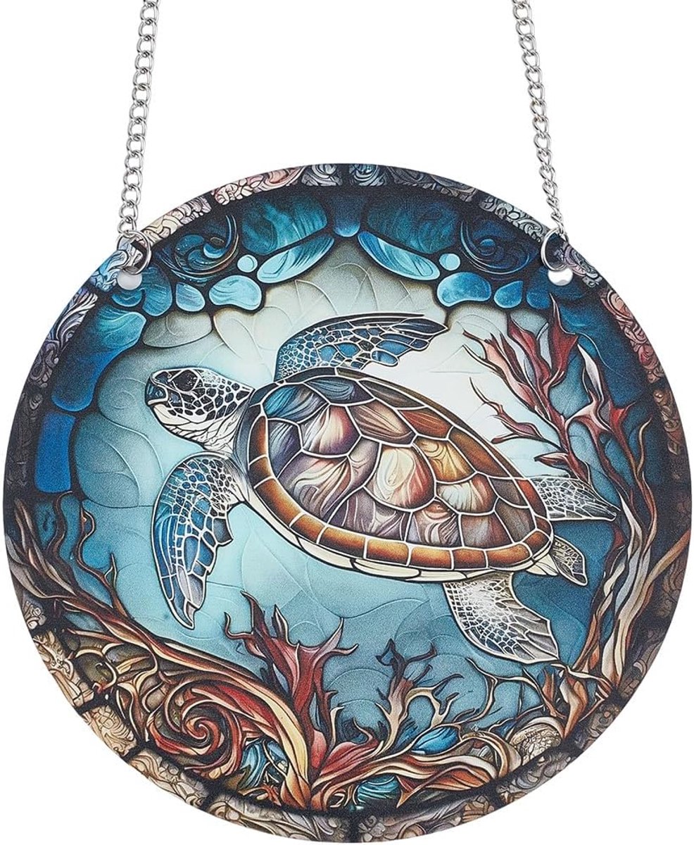 Schildpad Suncatcher Gebrandschilderde Raamhangers Acryl Venster Paneel Glas Raamhangers Decor Zee Schildpad Decor Kunst Ronde Zon Catcher met IJzeren Ketting voor Hangings Tuin Ornament