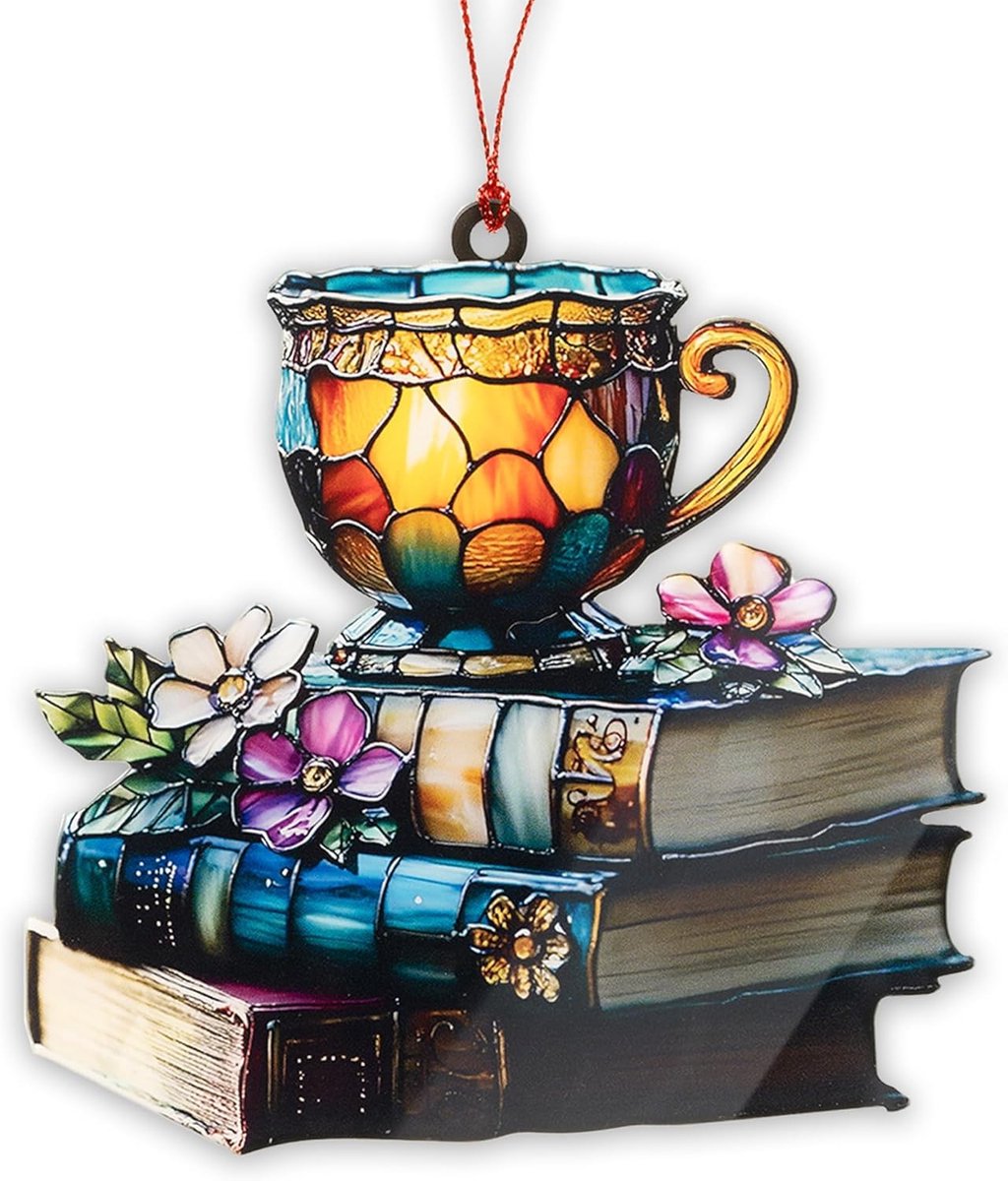 Zonnevanger, boekdecoratie, acryl, kleurrijk glas, ornament met theekop en bloemen, raamdecoratie voor thuis, gepersonaliseerde kerstboomversiering, cadeau voor boekenliefhebbers, gehard glas