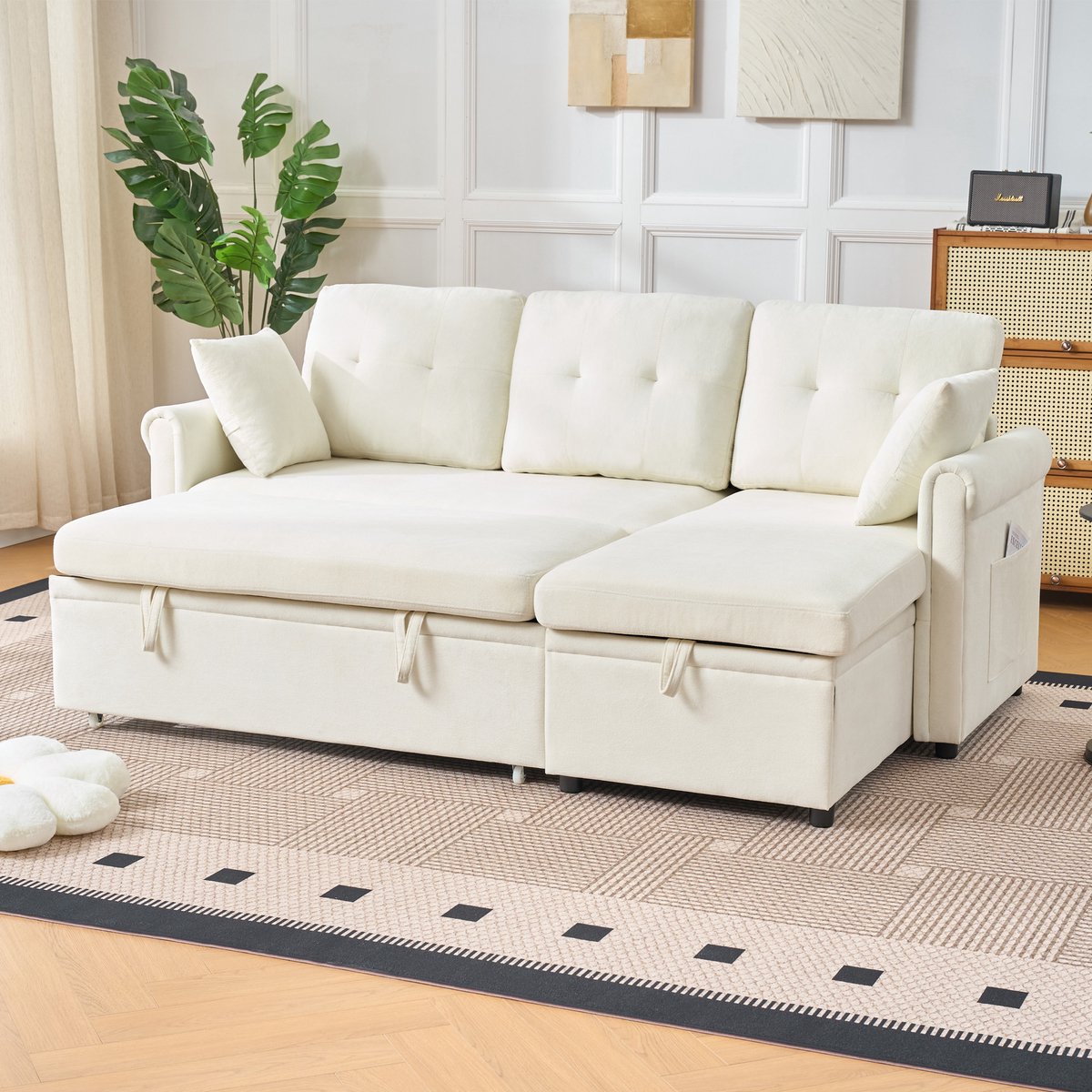 OKWISH Hoekbank Met Slaapfunctie En Opbergruimte, Links En Rechts Te Monteren Chaiselongue, Chenille, Beige