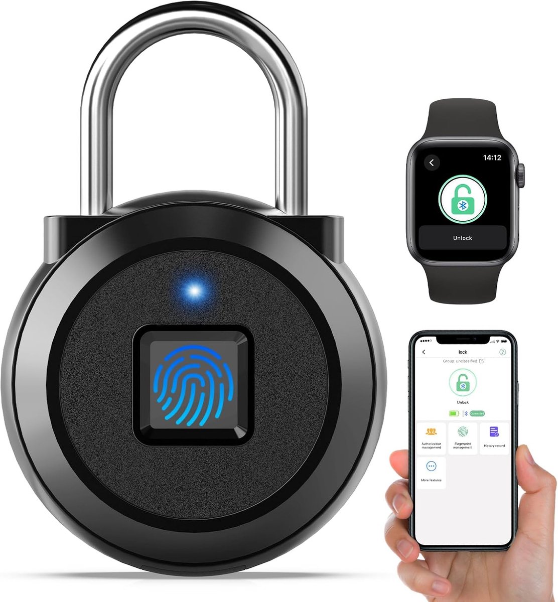 Hangslot voor kluisje met vingerafdruk, smartwatch-app, weerbestendig, hangslot met cijfercode, voor kast, kluisje, buiten, tent, kelder, outdoor, zwart