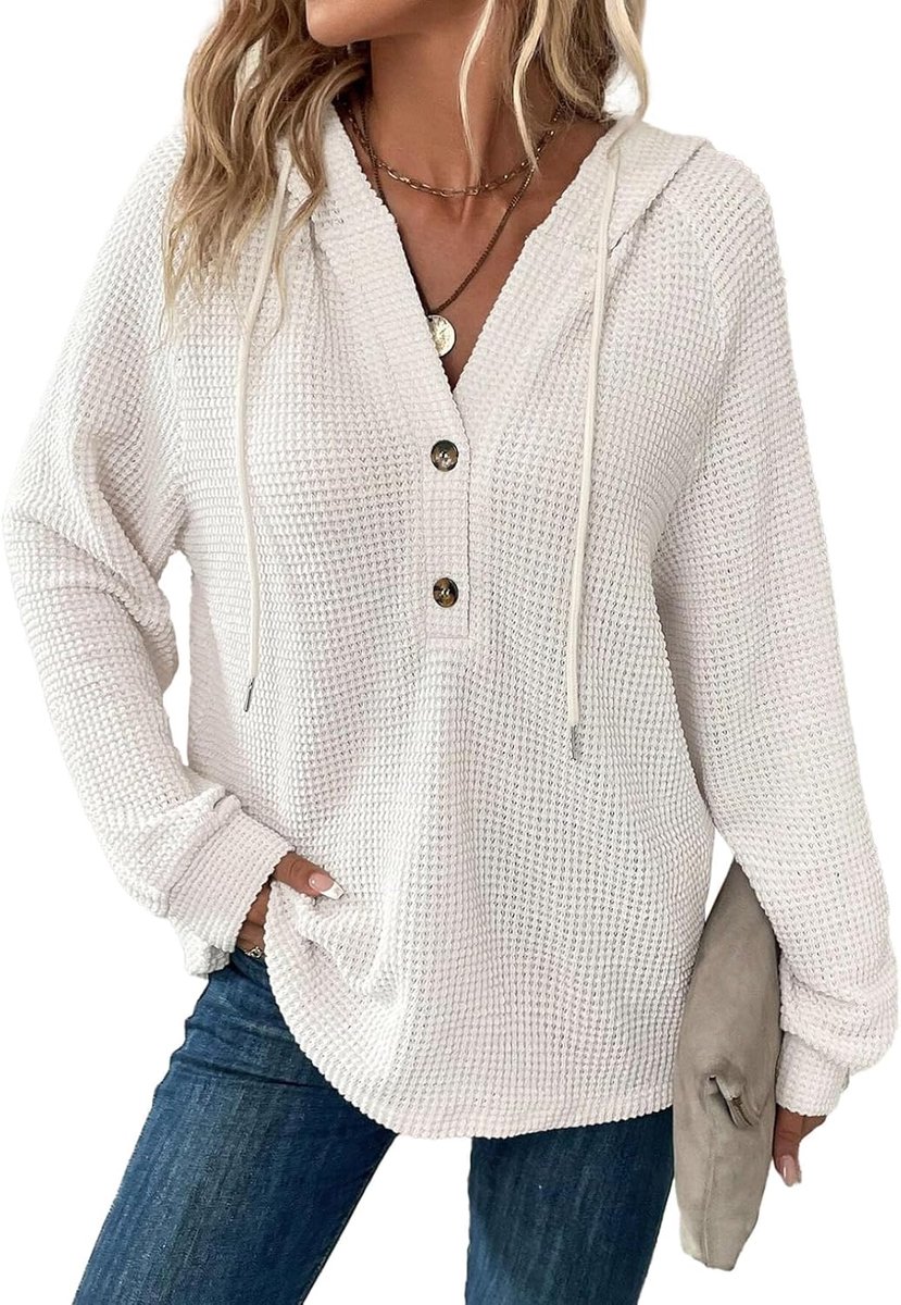 Hoodie dames wafel losse capuchon knoopsluiting sweatshirt V-hals met trekkoord lange mouwen pullover dames met capuchon, wit, L