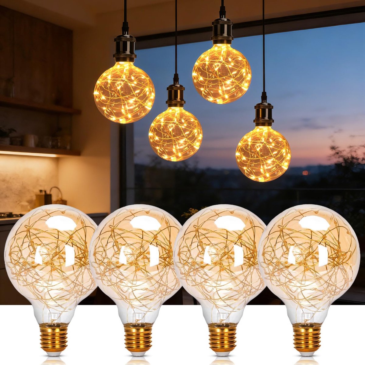 - LED-lamp E27 G95 Vintage 1.2W, Warm Wit Licht 2500K, 50 Lumen, Decoratieve Koperdraad Filament Globe Lamp in Vintage Edison Stijl, Retro Vintage LED-lamp, Niet Dimbaar, Pakket van 4