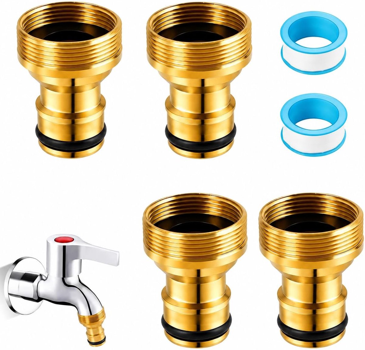 4 stuks universele kraanaansluiting voor tuinslang, 22 x 23 mm, slangaansluiting messing, kraanadapter voor buitendraad, adapter tuinslang op kraan, tuinslangaansluiting waterkraan