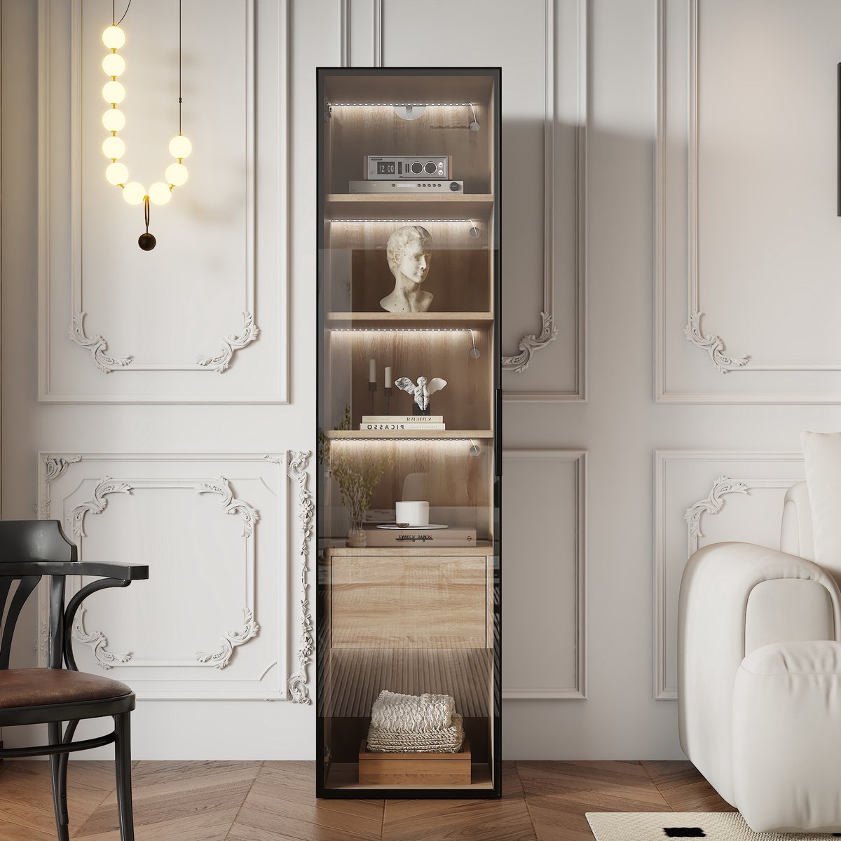COVREO Badkamerkast 40 cm, natural MDF, met verlichting en glazen deur