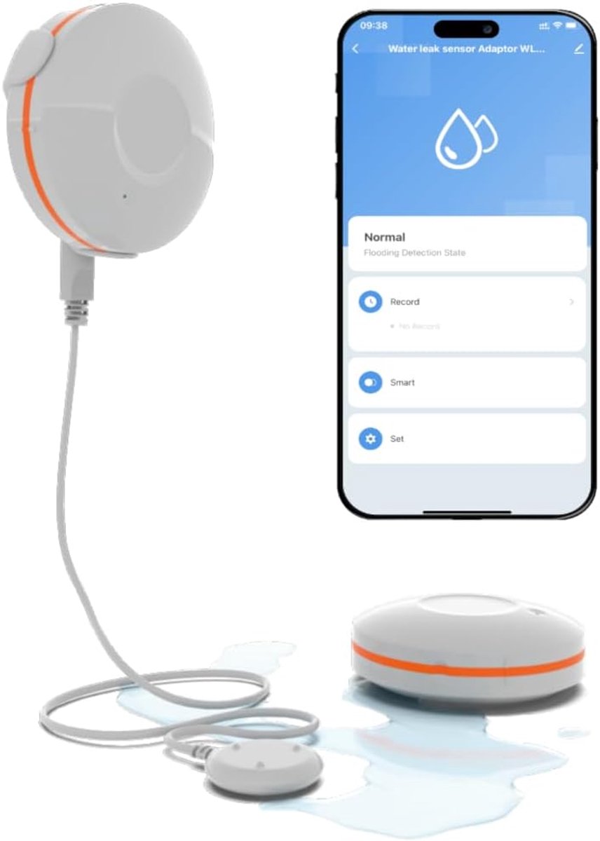 Smart Home Watermelder, wifi-watermelder, watersensor, alarm, waterlekdetector met app-meldingen en een akoestisch alarm van 100 dB, watermelder voor keuken, badkamer, kelder