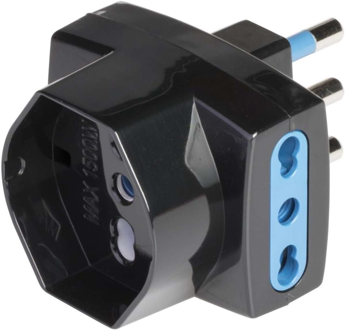 Pool Adapter drievoudige stekker groot met 2 tweewaardige stopcontacten en 1 P40 Pluristandard standaard Italiano en Duits zwart.