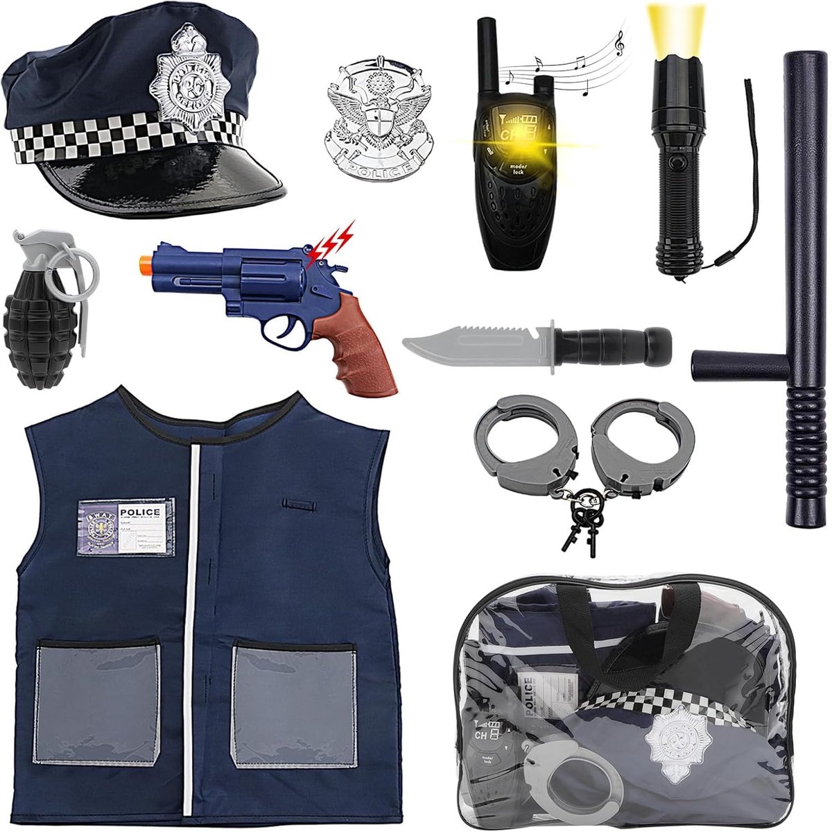 Kostuumset met hoed, speelgoedjachtgeweer, speelgoedgranaat, politie-accessoires - Geweldig voor kinderen