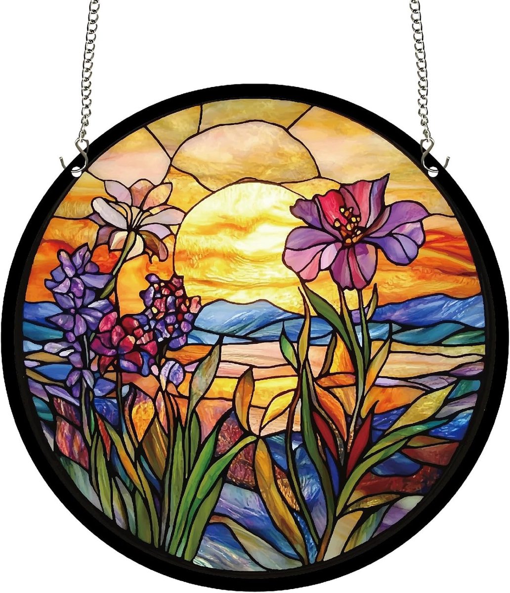 Bloemraam Suncatchers Acryl Gebrandschilderd Glas Raam Ophangen 25 cm Ronde Wilde Bloemen Zonnevanger Panelen met Metalen Ketting voor Binnen Buiten Thuis Tuin Ornamenten Kerst Decor