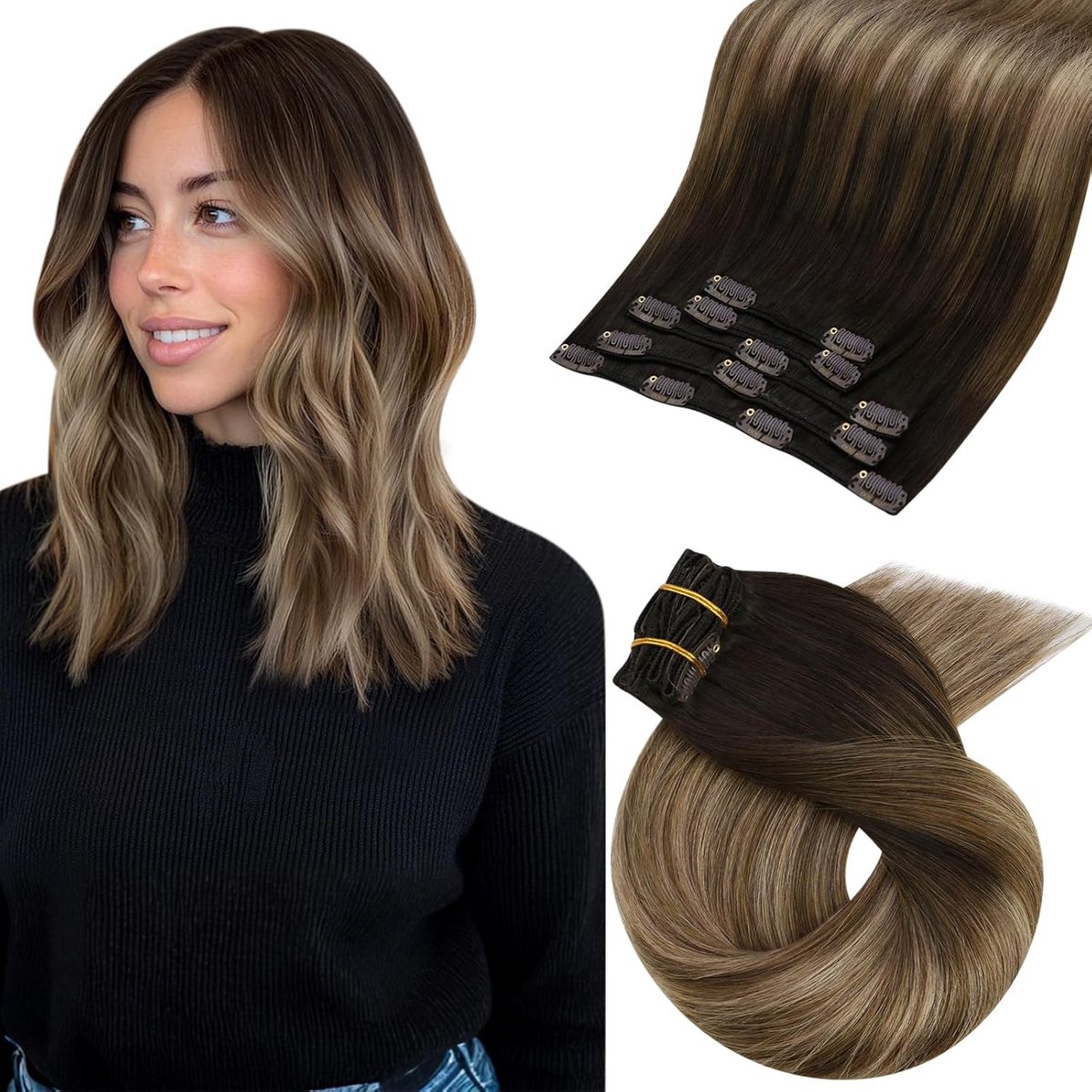 Haarextensies Echt Menselijk Haar Balayage Donkerbruin tot Lichtbruin met Goudblond #4/10/16 35 cm 5 Stuks 80g