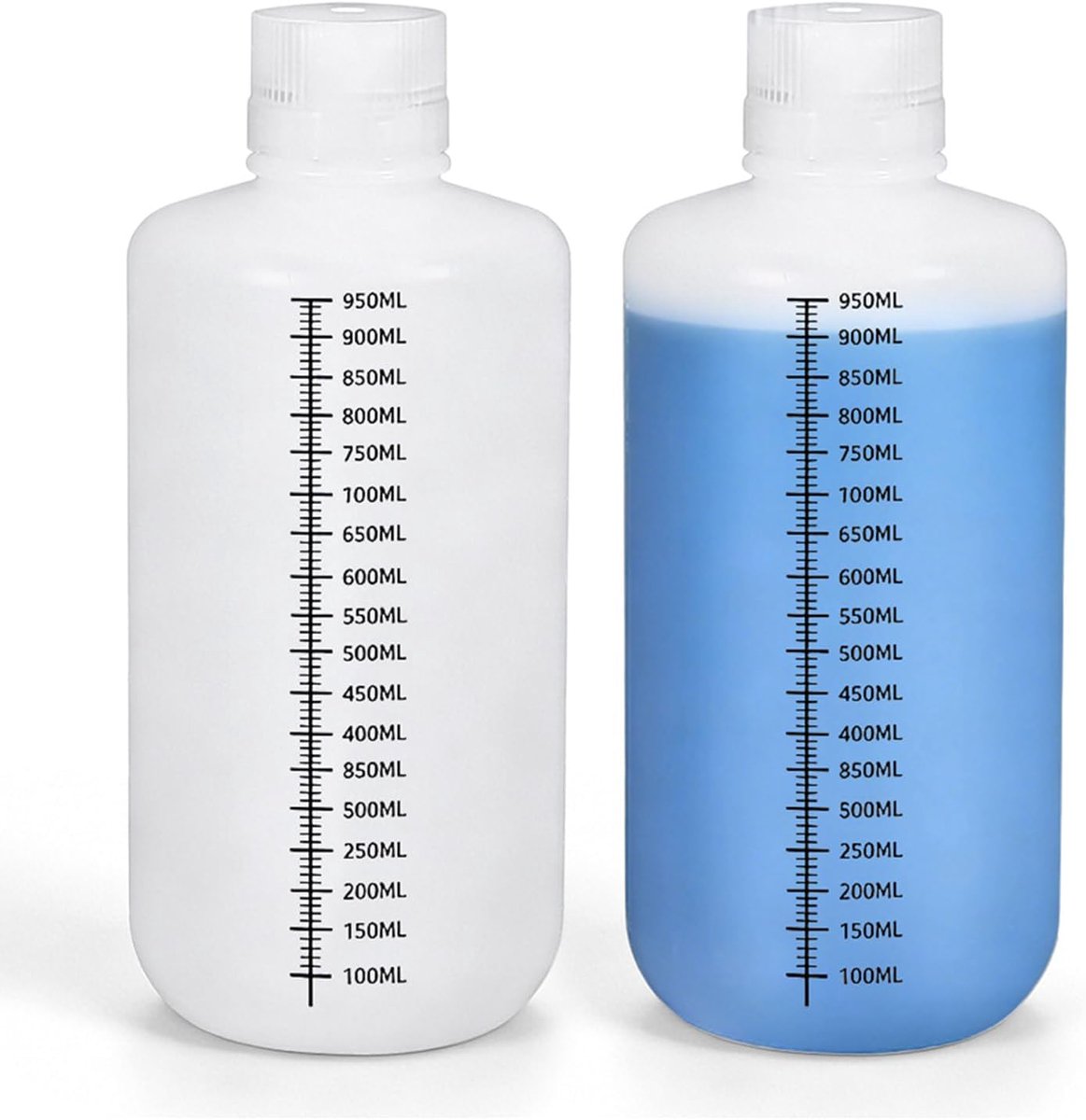 2 stuks wijdhalsfles 1000 ml, laboratoriumfles van kunststof met dichtsluitend deksel, navulbare opbergfles voor vloeistoffen, gegradueerde HDPE-fles, smalshalzige kunststofflessen