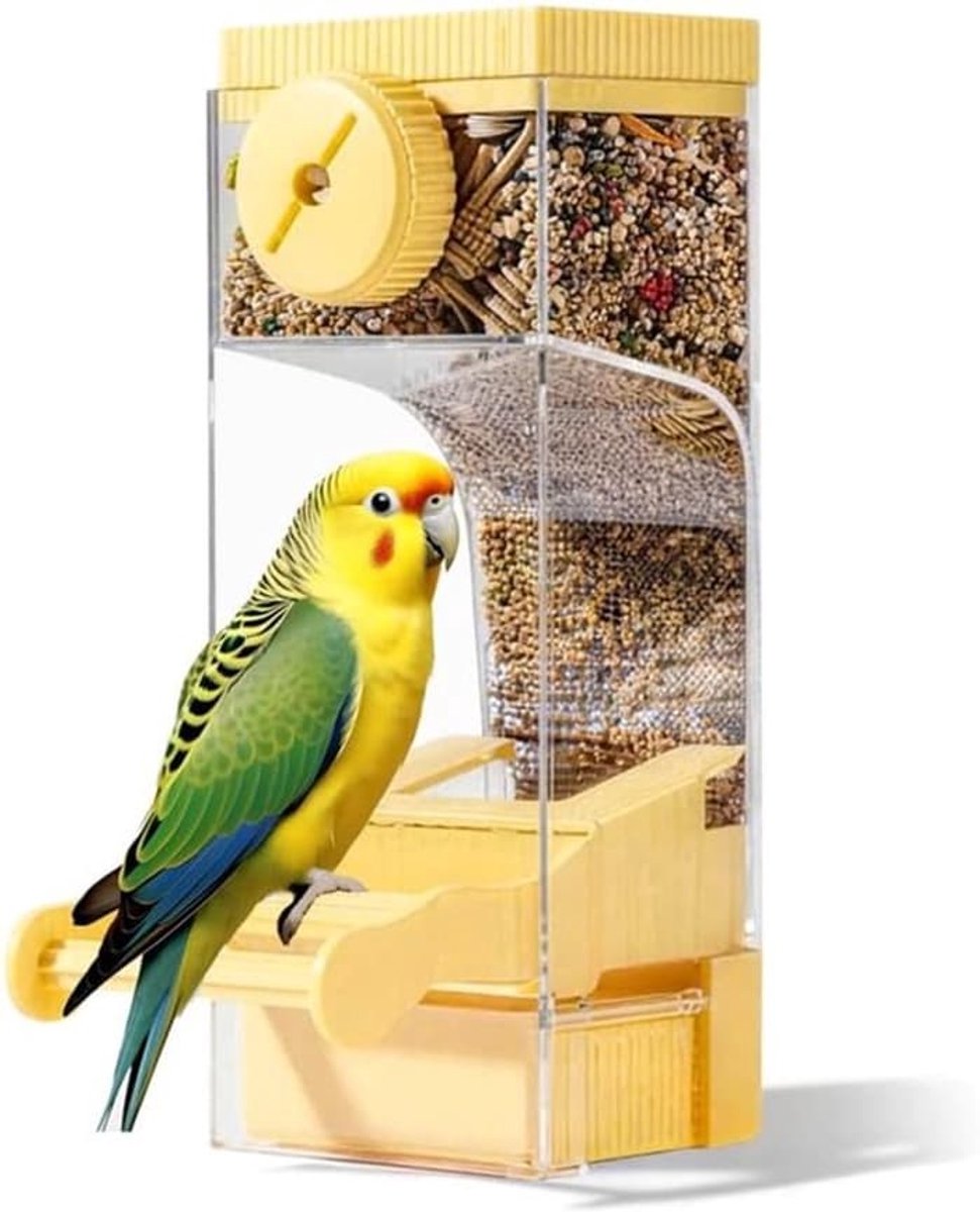 Automatische vogelvoeder met morsbeveiliging - geschikt voor grasparkieten, valkparkieten en kanaries - met een praktische schelpenverzamelaar - geel - 1 stuk