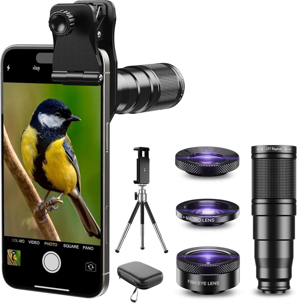 Eye 22X Telelensset, 4-In-1 Telefooncameralens Met 22X, 205° Fisheye En 120° Groothoek + Universele Clip Voor Iphone/Samsung/Android, Perfect Voor Liefhebbers Van Reizen, Vloggen En Fotografie