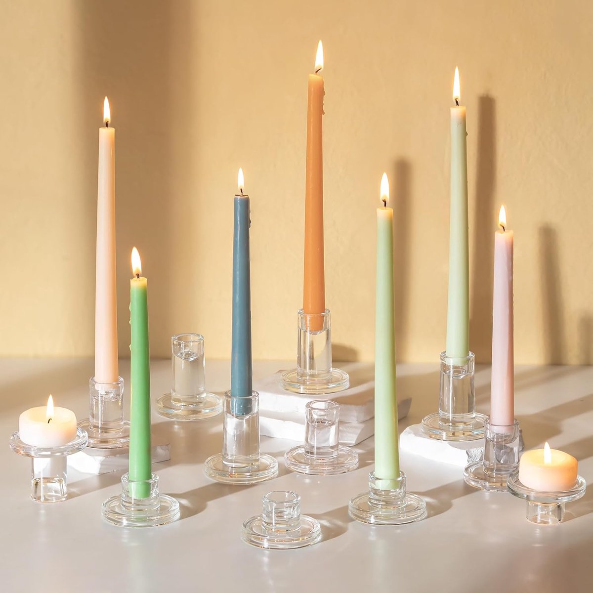 SnelShoppen - Glazen Kandelaar Staafkaarsenhouder Set van 12 | 3 Hoogtes (3,5/5,5/7,5 cm) | Dik Glas voor Staafkaarsen van 2,2 cm | Tafeldecoratie voo