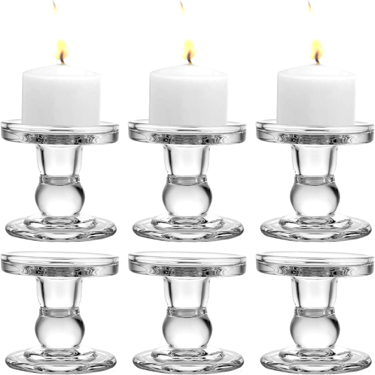 SnelShoppen - 6 stuks kandelaars voor stompkaarsen (Ø 8,5 cm x H 8,6 cm), transparante glazen theelichthouder kandelaar, kristallen stompkaarsenhouder