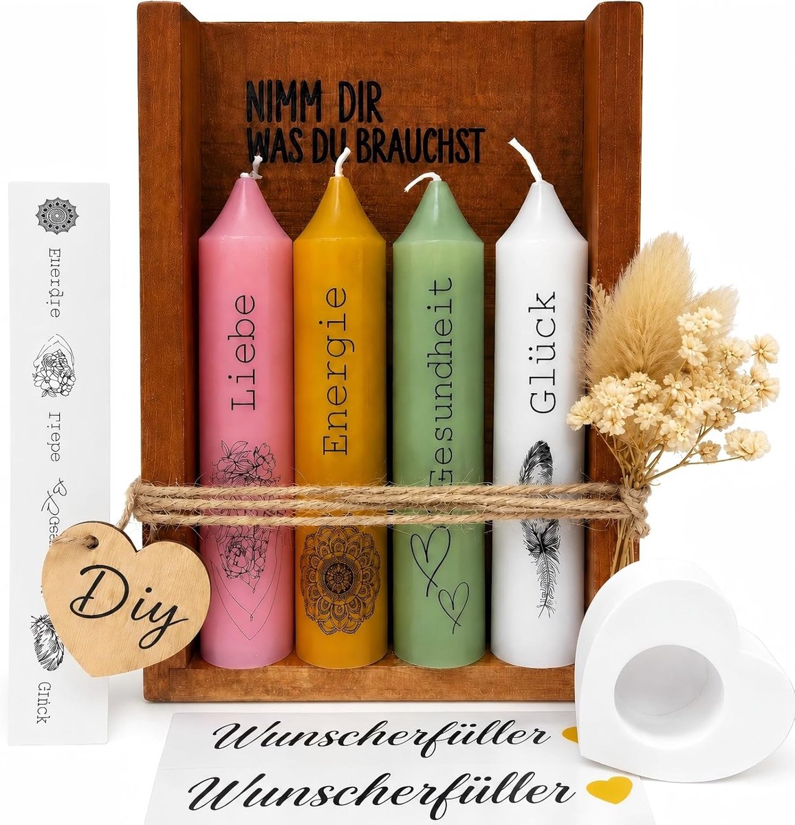 SnelShoppen - Kerzenset met Kerzenhouder, Decoratieve Kaarsen, Cadeauset met Houten Doos, Droogbloemen, Perfecte Geschenken voor Vrouwen, Vriendin, Zu