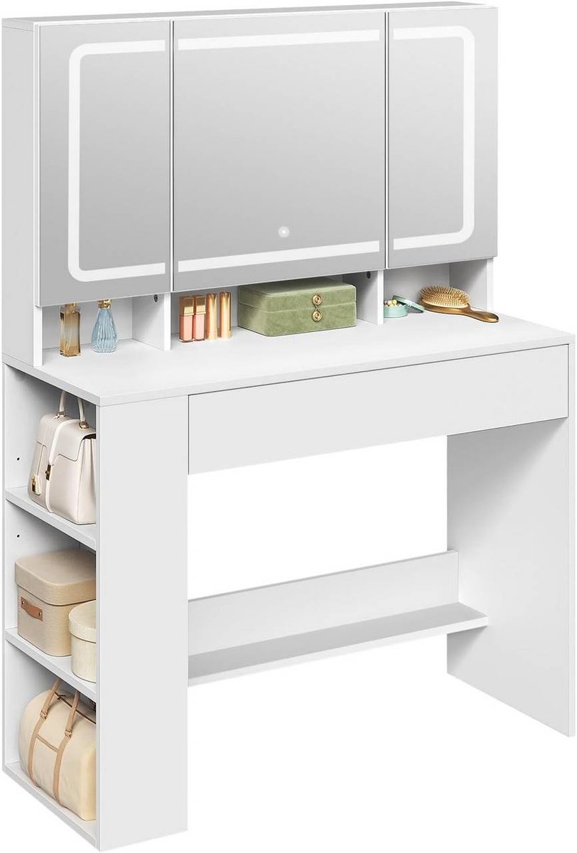 SureDeal® - Kaptafel - Grote spiegel - Ledverlichting - Opbergruimte - Wit - 90x40x135 cm