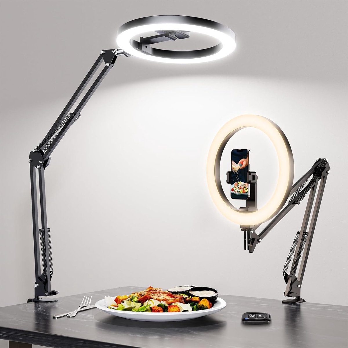 SnelShoppen - Overhead Statief voor Mobiele Telefoon met Ringlicht voor Keuken & Food-video's - Professioneel Statief met Dimbaar Ringlicht voor Tafel