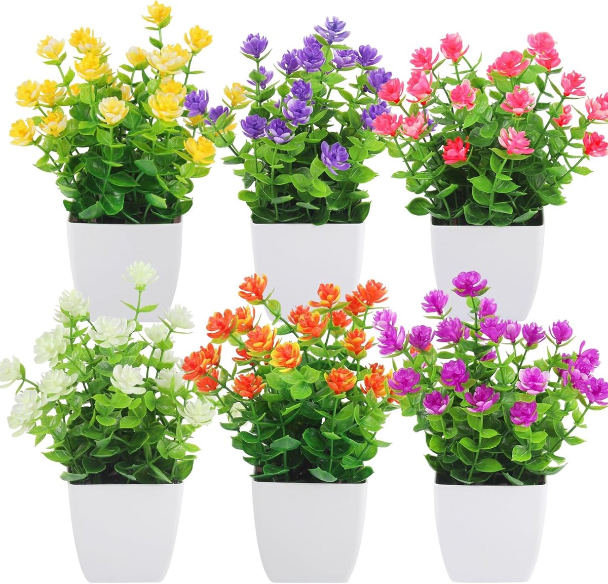 SnelShoppen - 6 stuks kunstplanten en kunstbloemen klein 19 cm | Witte kunststof pot | Kunstbalkonplanten voor lente, zomer, binnen, buiten, balkon, t
