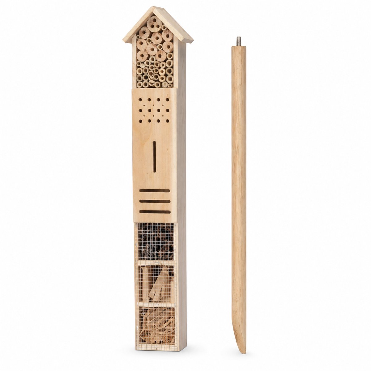 Insectenhotel op Paal – Bijenhotel en Vlinderhotel – 150 cm Hoog – Houten Insectenhuis voor de Tuin – Naturel