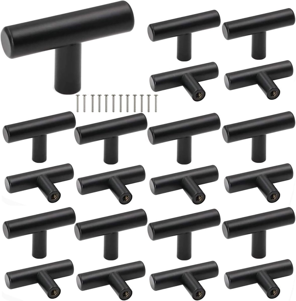 20 Stuks Zwarte T-vormige Meubelknoppen van RVS met Schroeven voor Kast, Lade en Keukenaccessoires